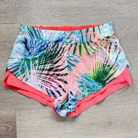 Fabletics 2 in 1 Coral Tropical Palm Print Running Shorts with Spandex, Medium - Picture 1 of 8